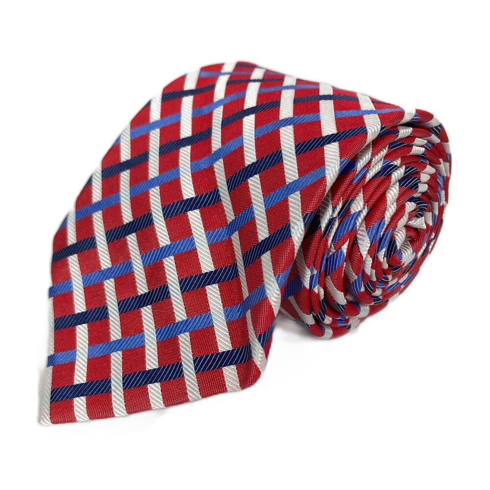 Paul Fredrick Tie Mens Red Blue Diagonal Plaid Striped Classic Pointed Silk Suit